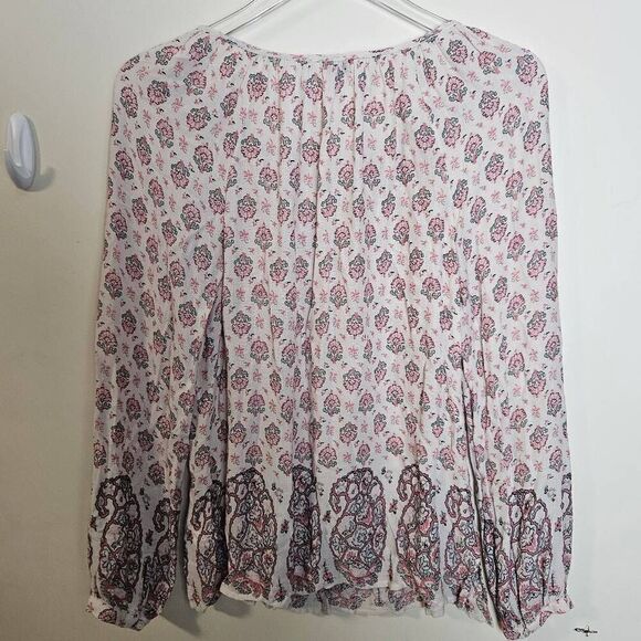 Lucky Brand White Floral Long Sleeve Blouse Tie Neck Boho Medium - Picture 3 of 4